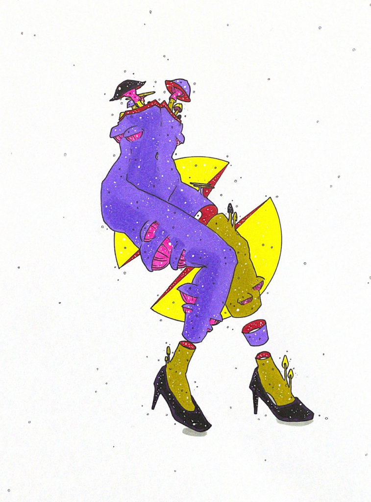 color illustration of a person from the waist down with mushrooms growing from their body