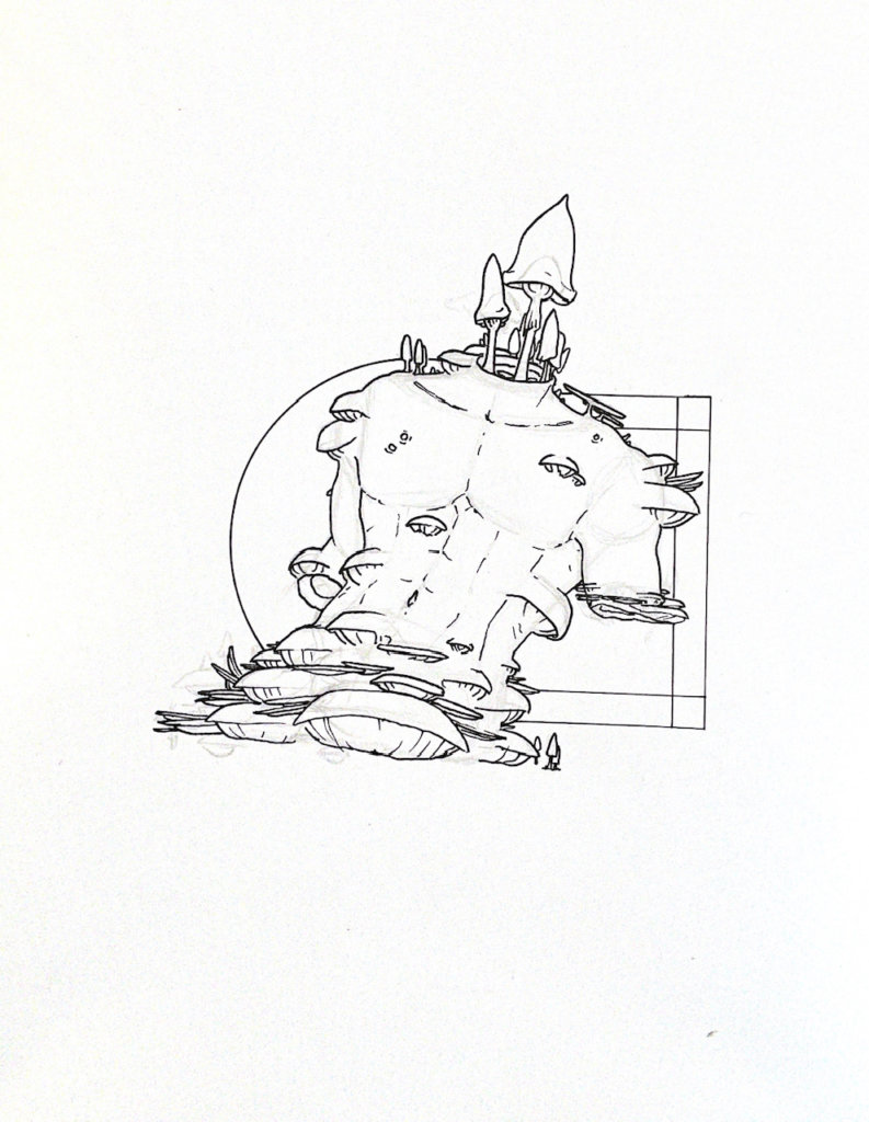 WIP illustration of a torso with fungus growing all over it