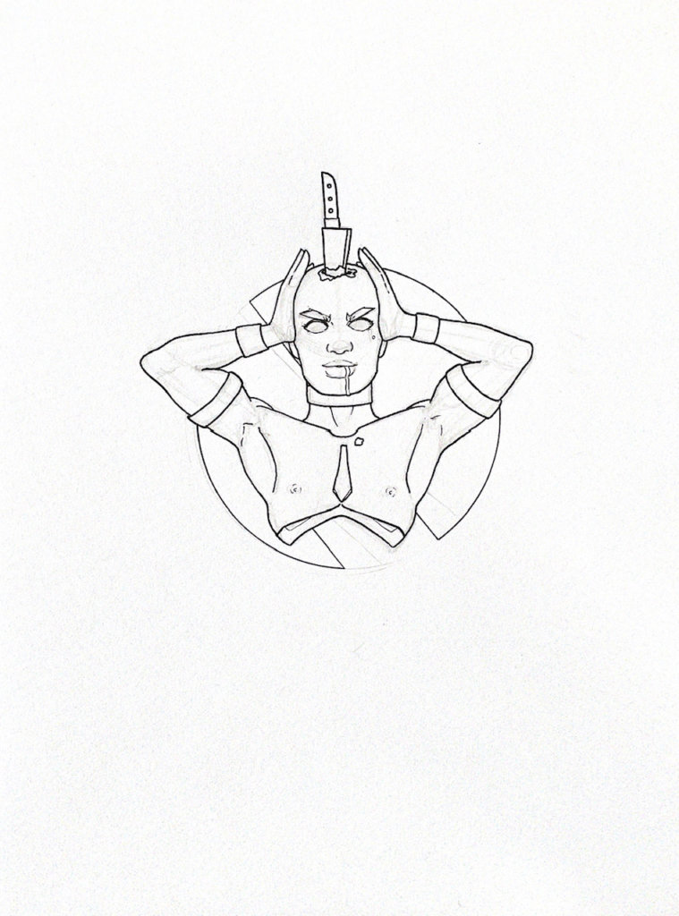 WIP illustration of a person with a knife stuck in their head