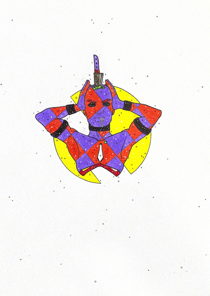 color illustration of a person with a knife stuck in their head