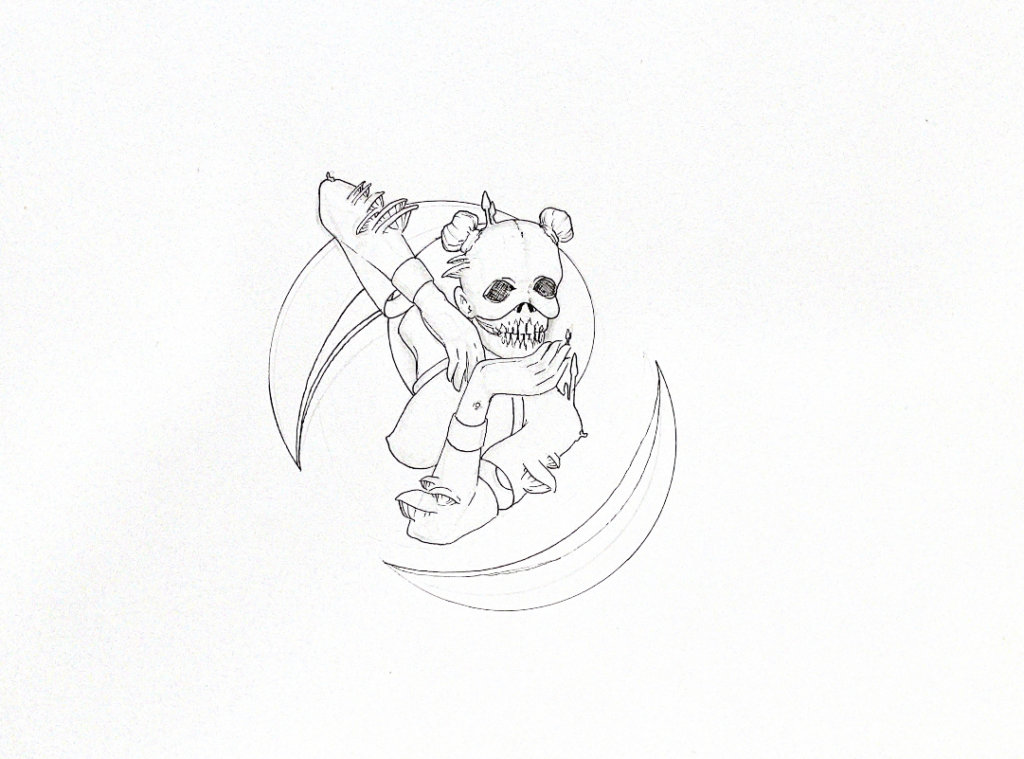 WIP illustration of somebody wearing a skull mask