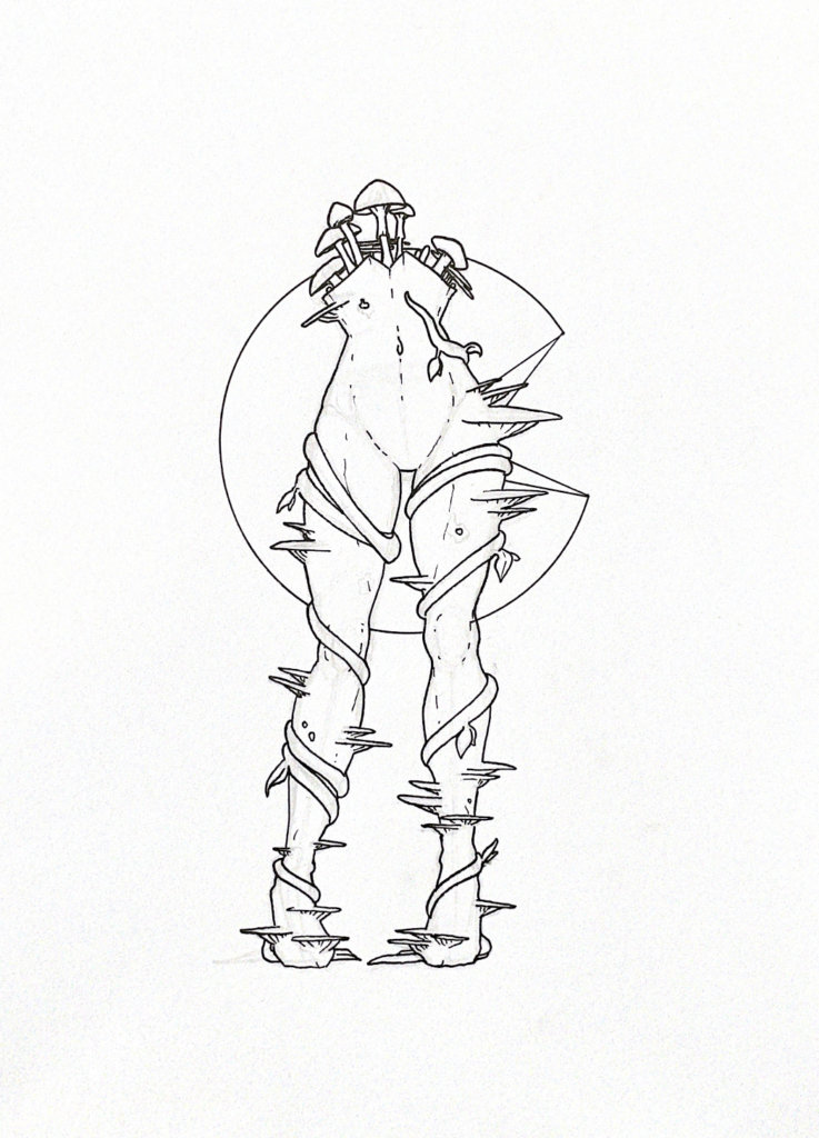 WIP illustration of a headless body with vines and mushrooms growing out of it