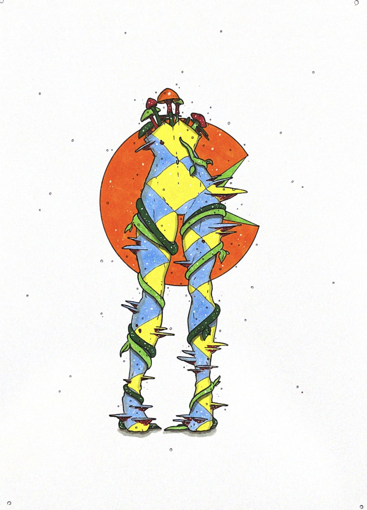 color illustration of a headless body with vines and mushrooms growing out of it