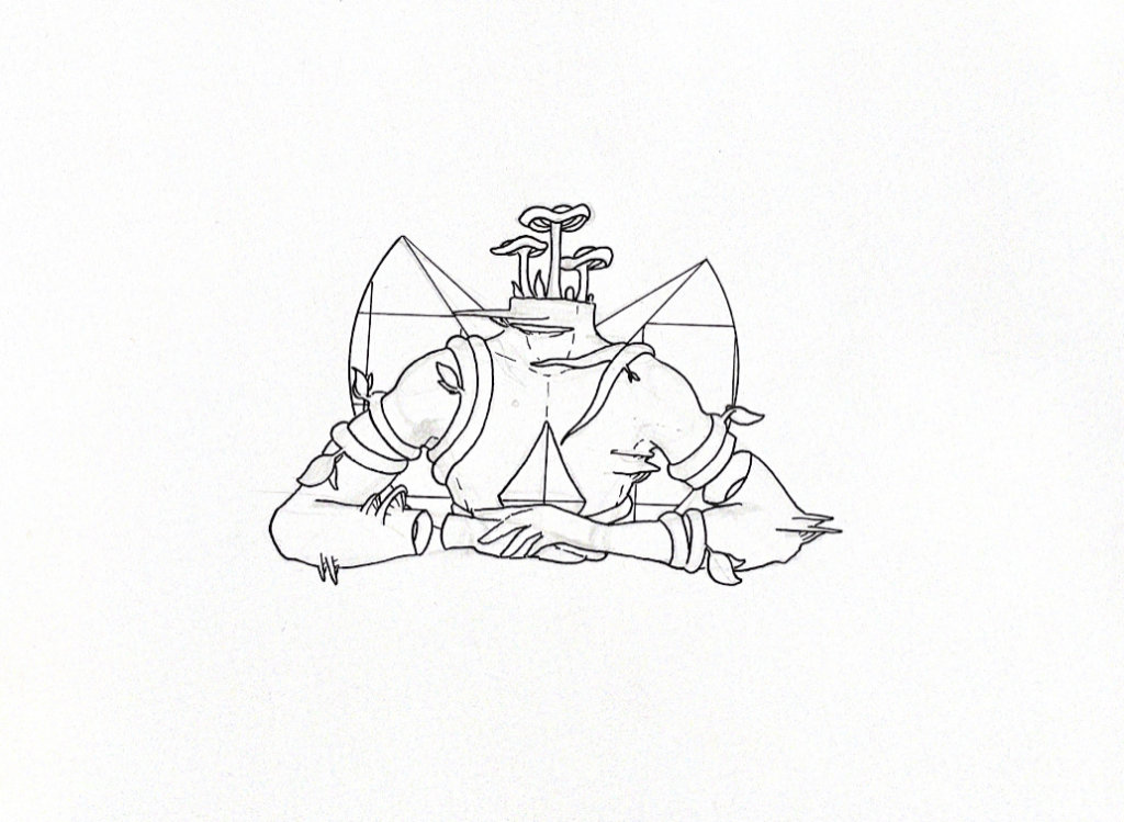 WIP illustration of a headless body with mushrooms and vines
