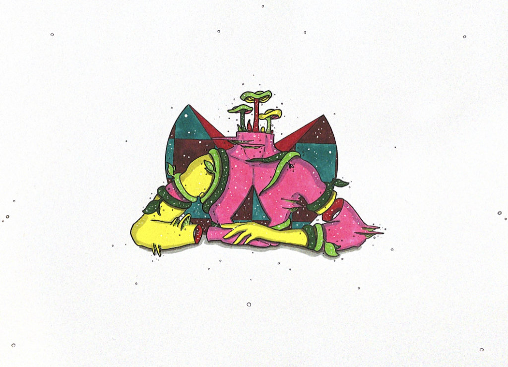 color illustration of a headless body with mushrooms and vines
