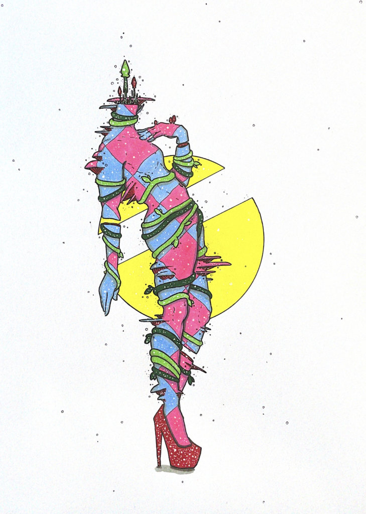color illustration of a headless body in high heels