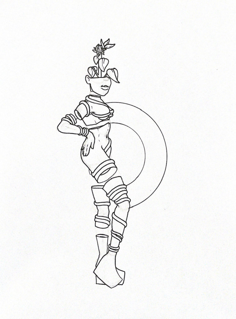 WIP illustration of a person leaning on one left, sunflower growing from their skull