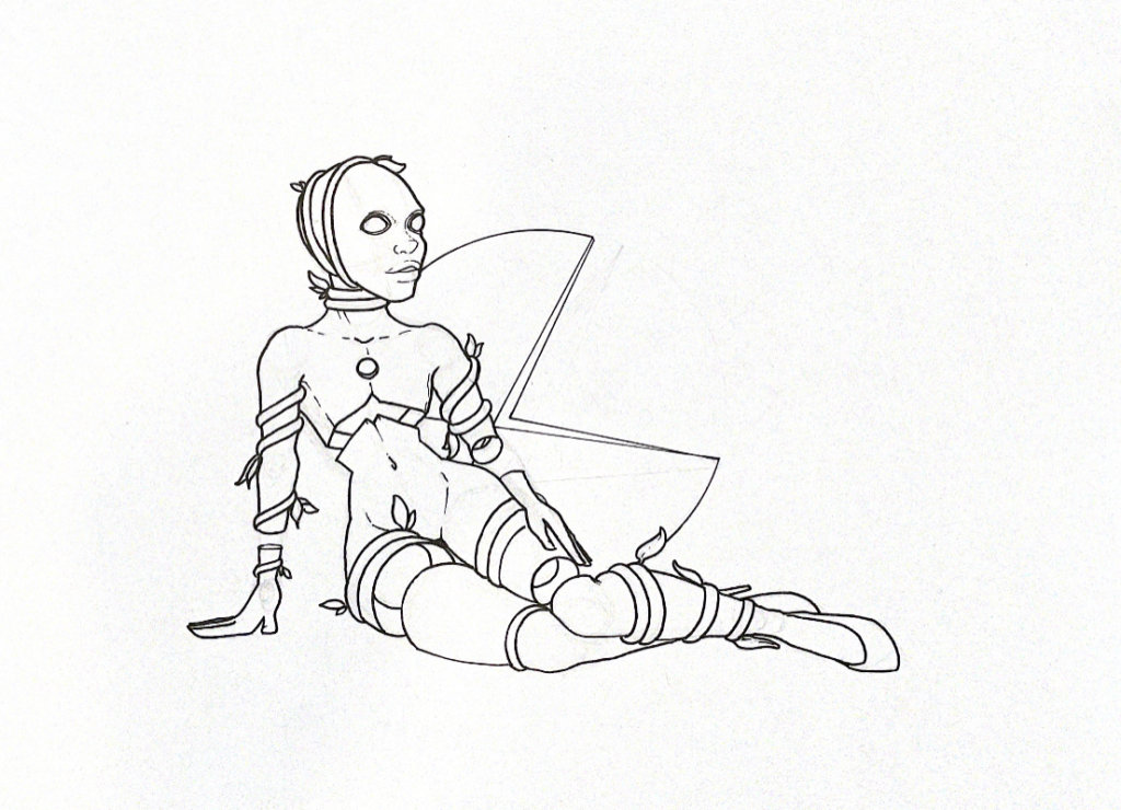 WIP illustration of a seated person looking out 