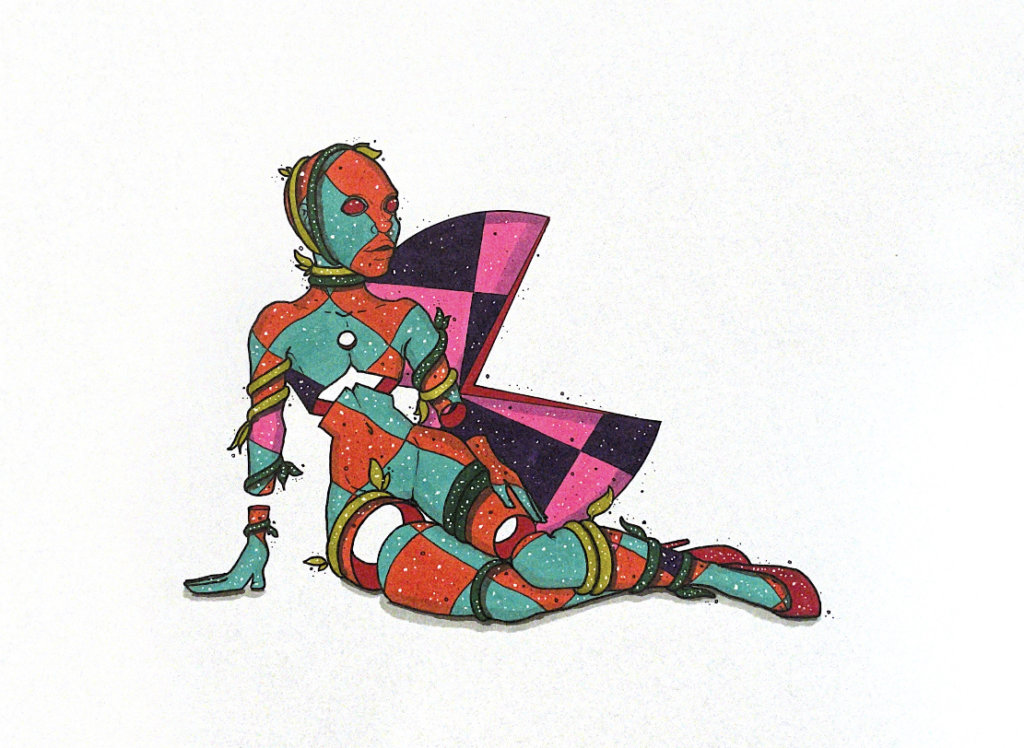 color illustration of a seated person looking out 