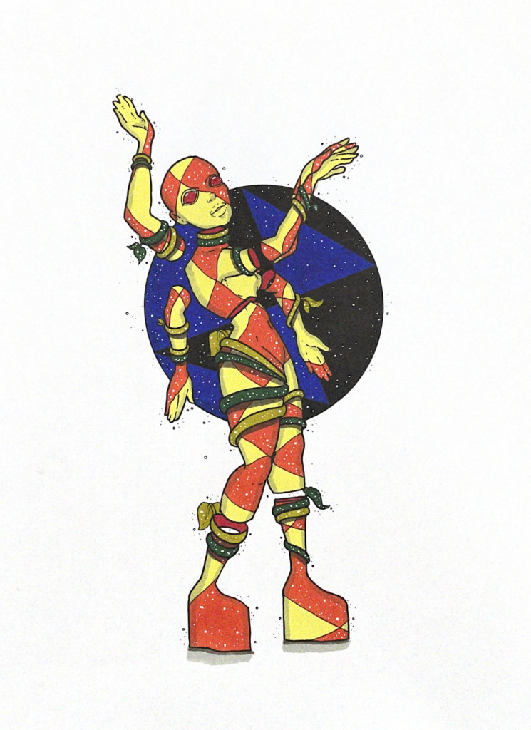 color illustration of a person with multiple limbs