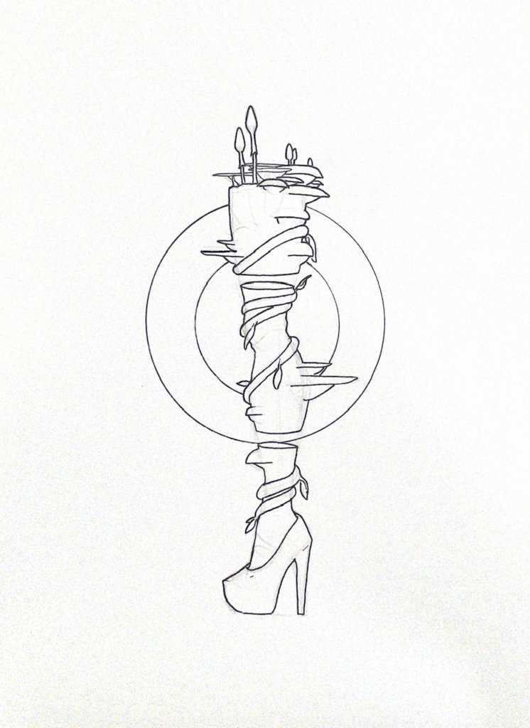 WIP illustration of a leg with mushrooms and vines growing on it