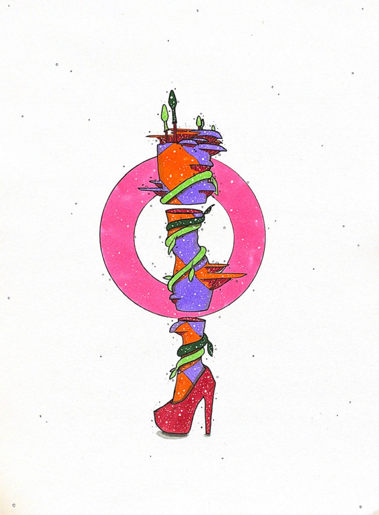 color illustration of a leg with mushrooms and vines growing on it