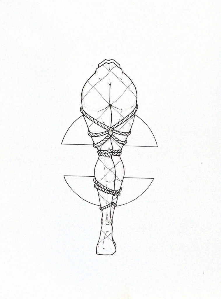 WIP illustration of a person from the waist down with bondage rope around their legs