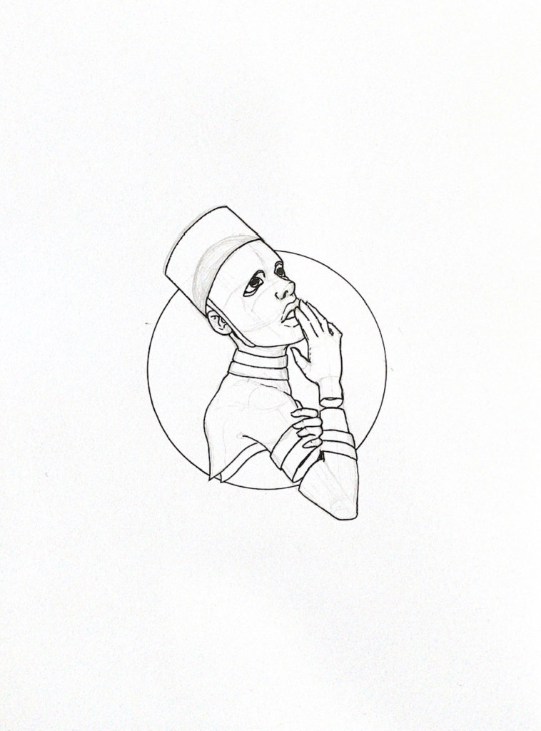 WIP illustration of a hatted person with their fingers to their lips