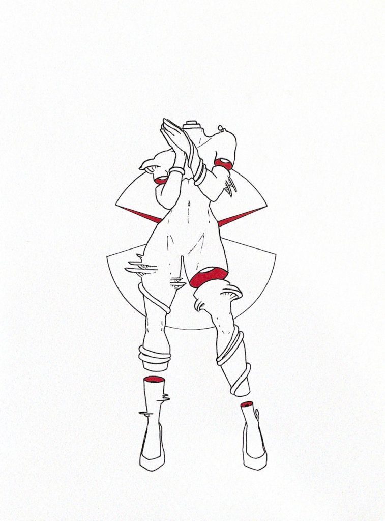 WIP illustration of a headless body with mushrooms and vines