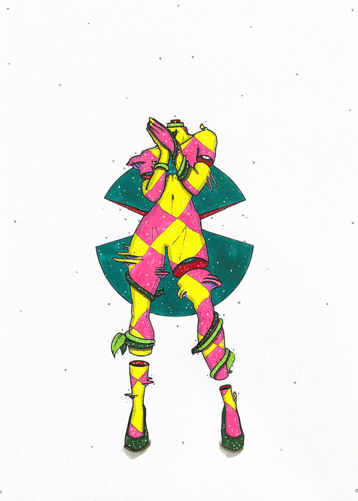 color illustration of a headless body with mushrooms and vines