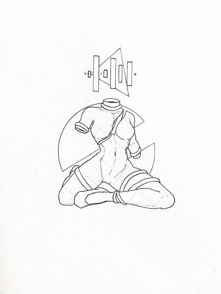 WIP illustration of a nude body with geometric shapes around them