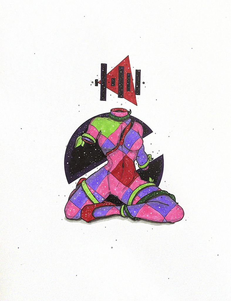 color illustration of a nude body with geometric shapes around them