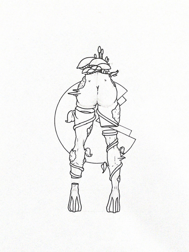 WIP illustration of the lower half of a body with vines and moss and mushrooms growing