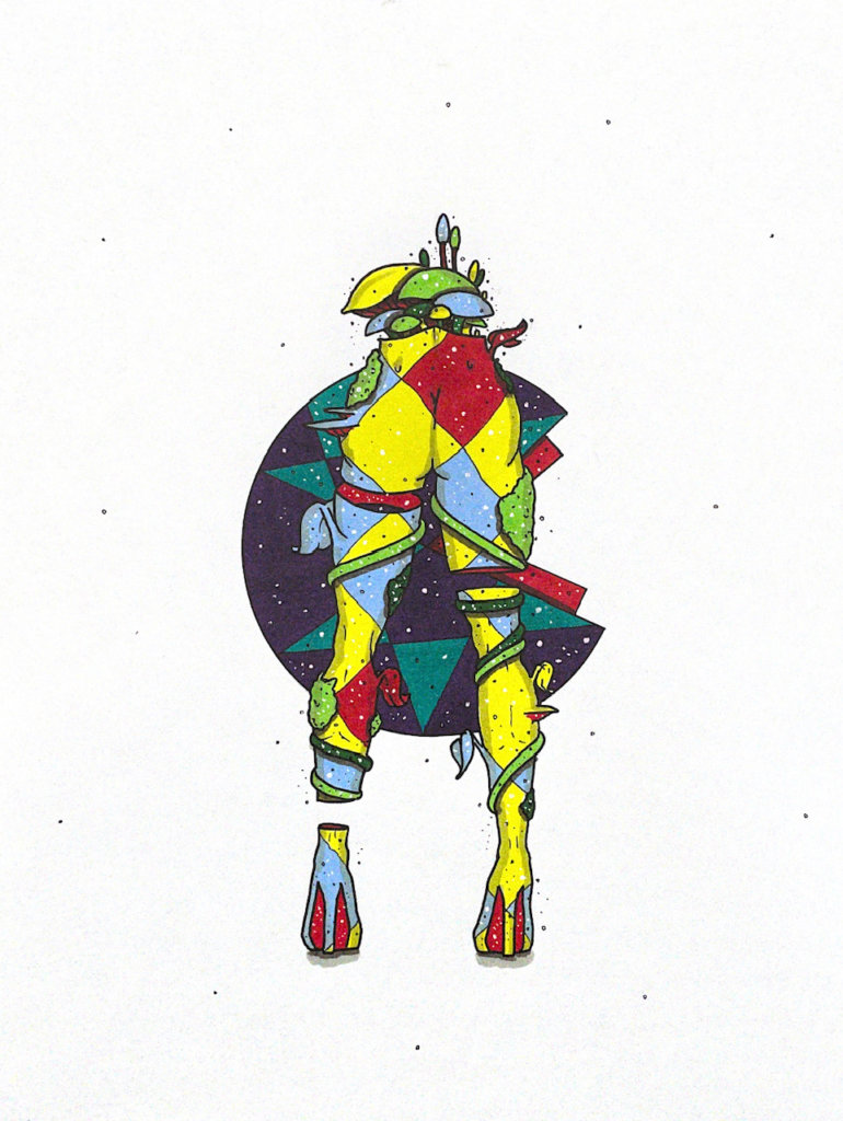 color illustration of the lower half of a body with vines and moss and mushrooms growing