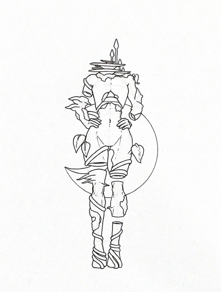 WIP illustration of a headless person with moss, vines, and leaves growing from them