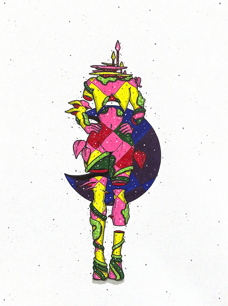 color illustration of a headless person with moss, vines, and leaves growing from them