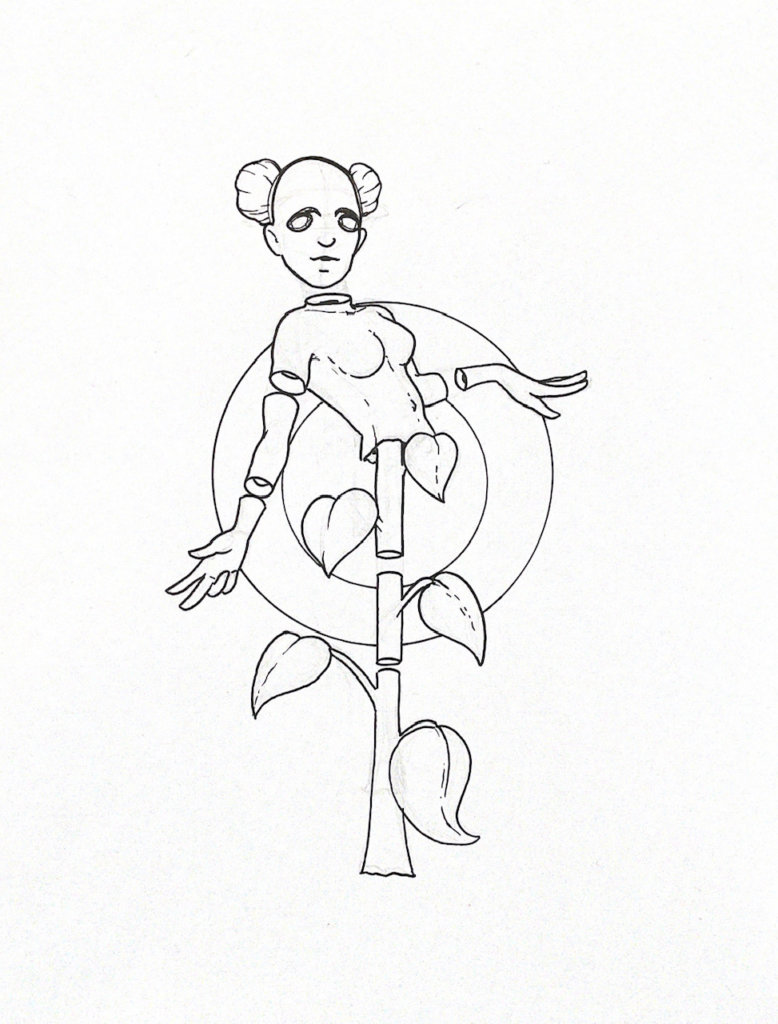 WIP illustration of a person growing out a sunflower stalk