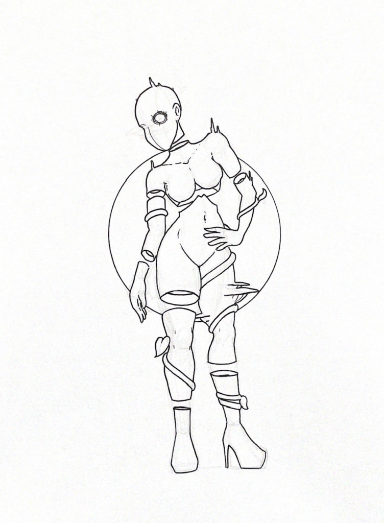 WIP illustration of a robotic-looking person with vines wrapping around their body