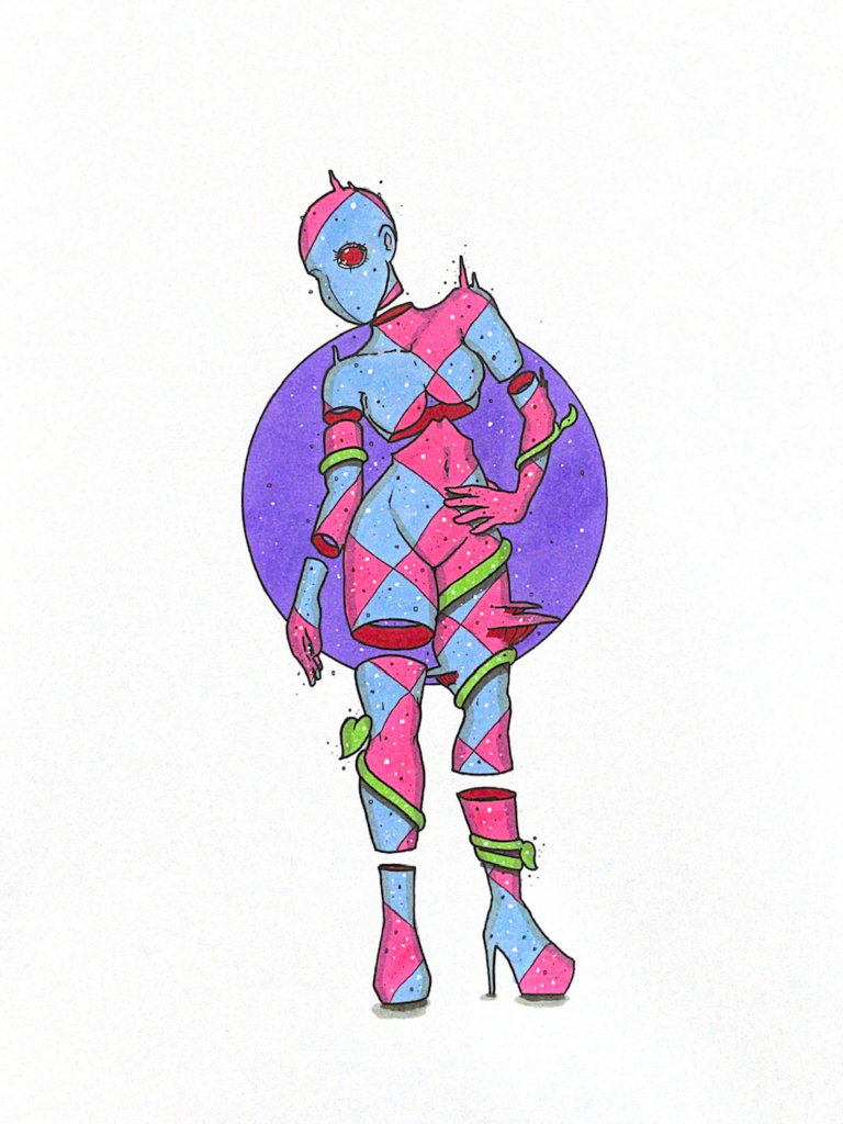 color illustration of a robotic-looking person with vines wrapping around their body