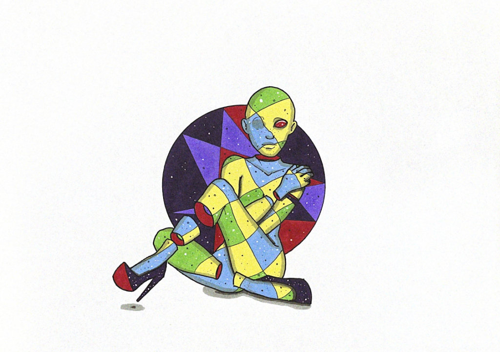 color illustration of a seated person in heels