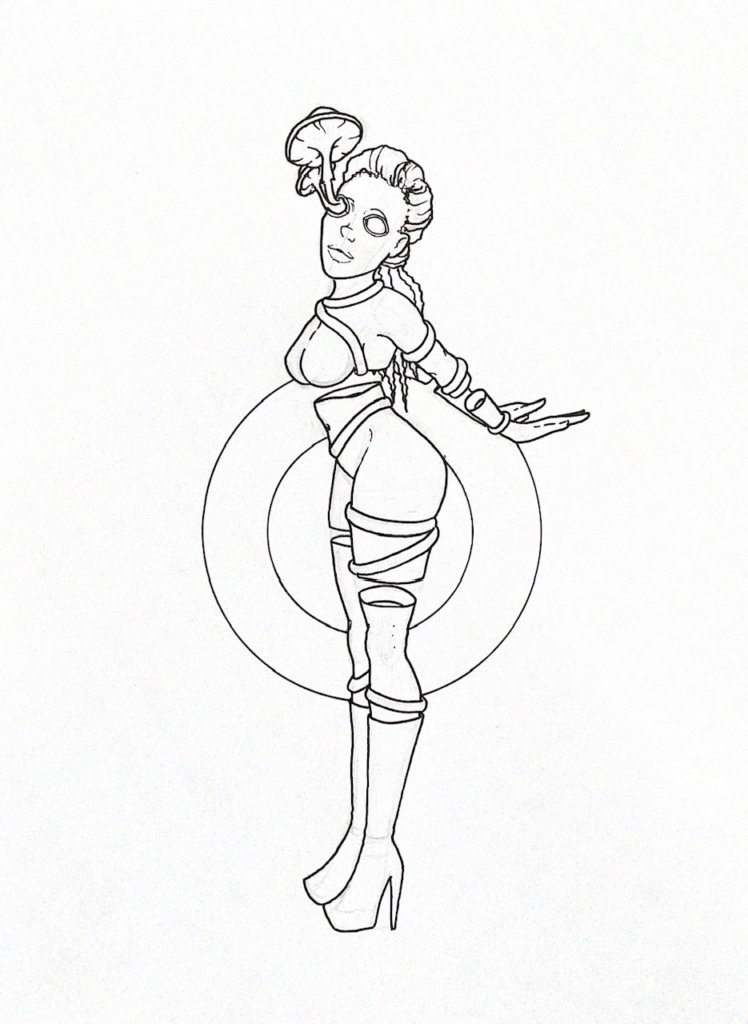 WIP illustration of a person with mushrooms growing out of their eyes