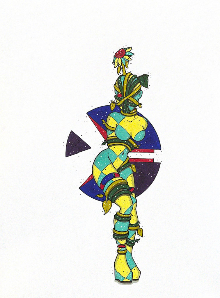 color illustration of a crouching person with vines wrapping around their body