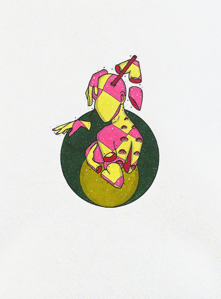 color illustration of a person with multiple arms and eyes running along their back