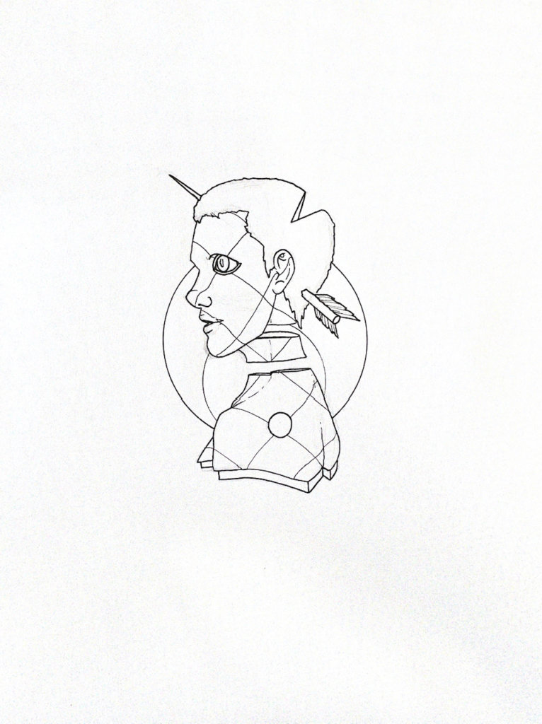 WIP illustration of a man with an arrow in his head