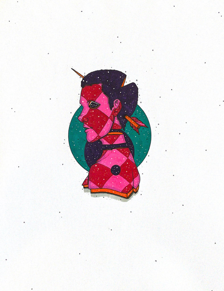 color illustration of a man with an arrow in his head