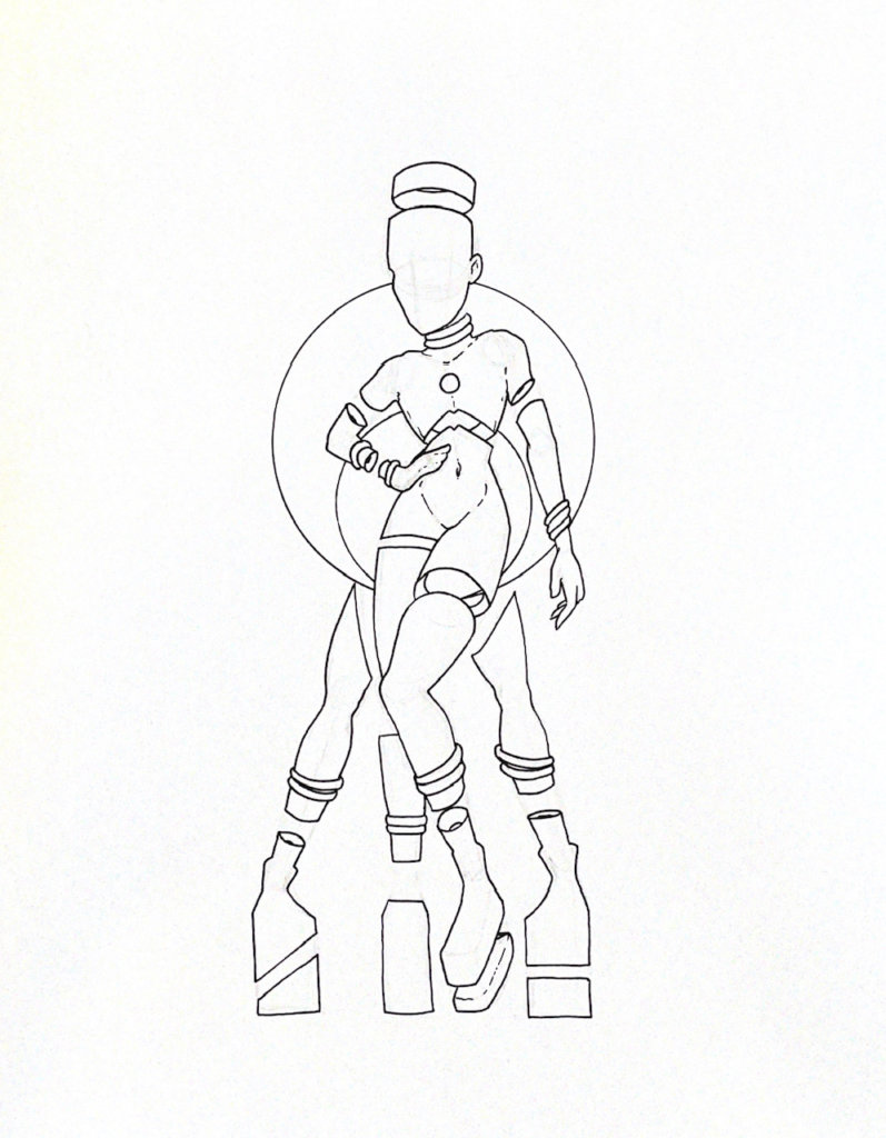 WIP illustration of a person posing with their hand on their hip, with multiple legs