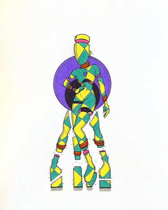 color illustration of a person posing with their hand on their hip, with multiple legs