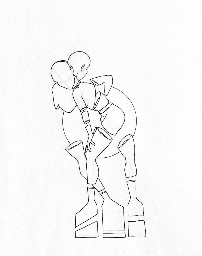 WIP illustration of two people combined into one form