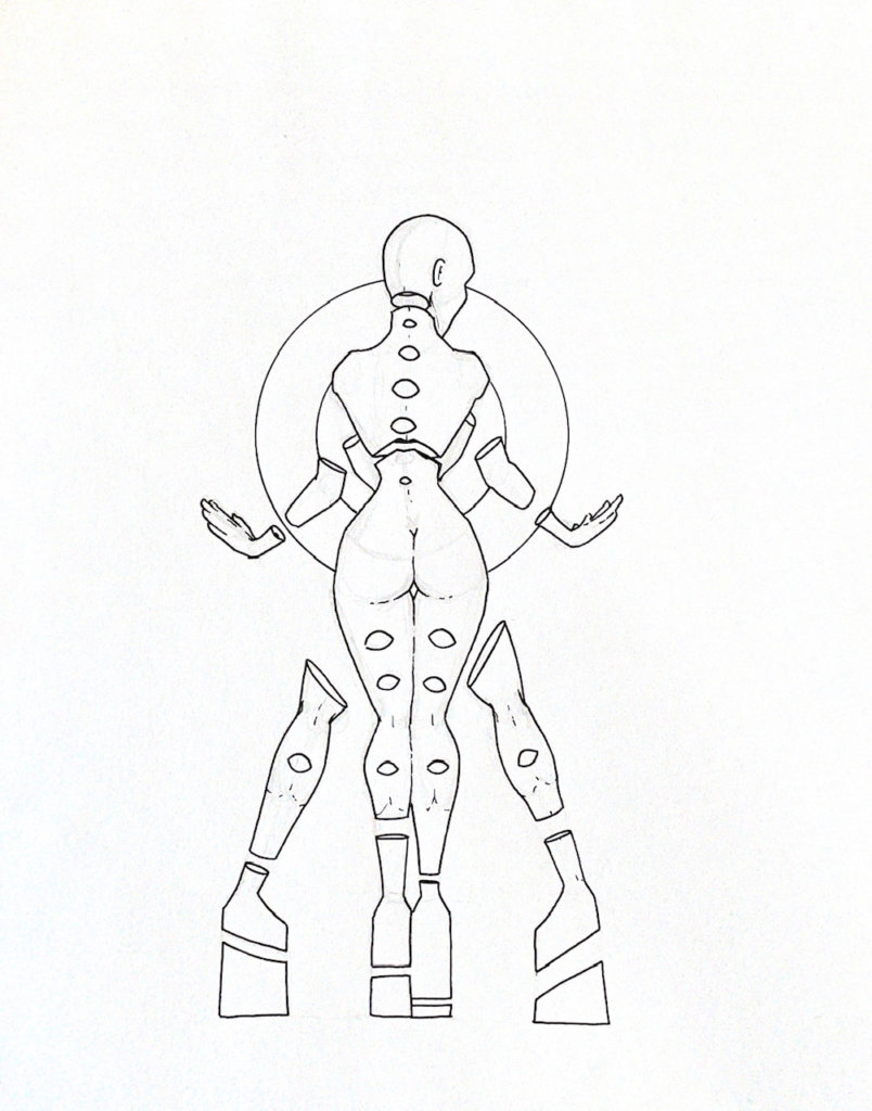 WIP illustration of a multi-limbed person with eyes running along their backside