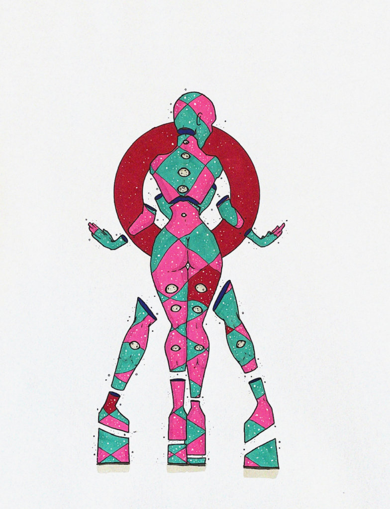 color illustration of a multi-limbed person with eyes running along their backside