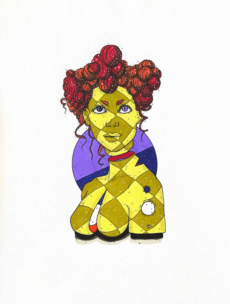 color illustration of the bust of a woman with curly hair