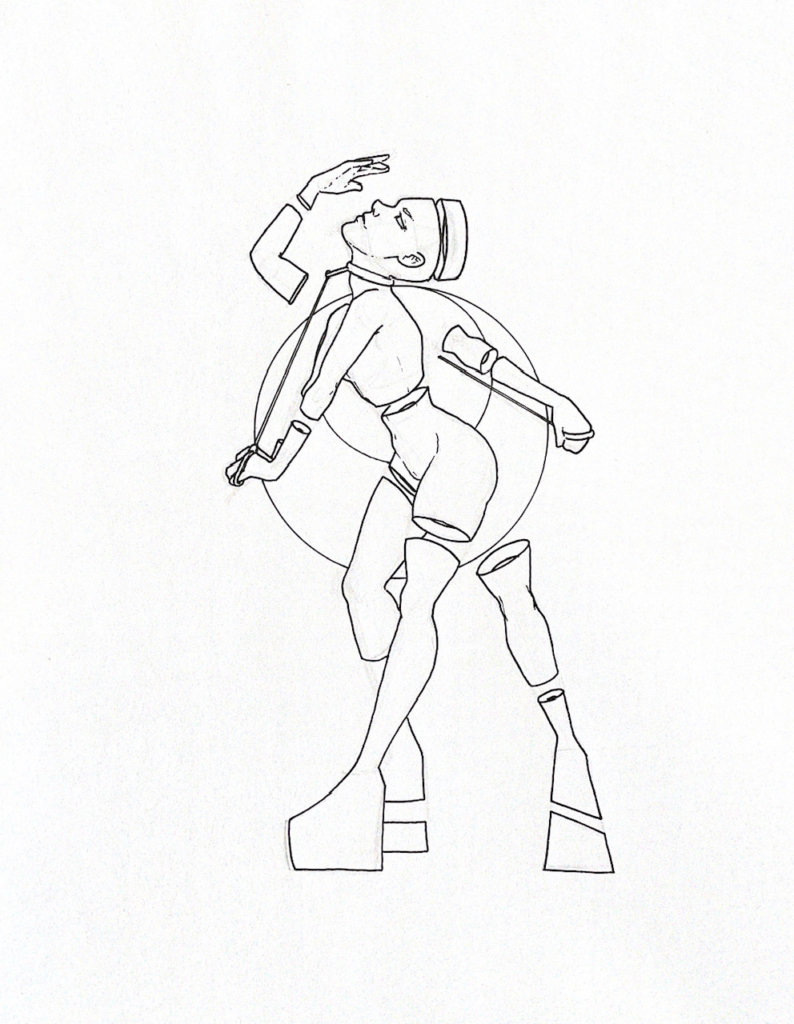 WIP illustration of a person with multiple limbs with rope tied around her neck