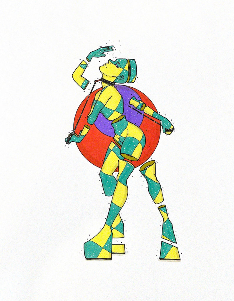 color illustration of a person with multiple limbs with rope tied around her neck