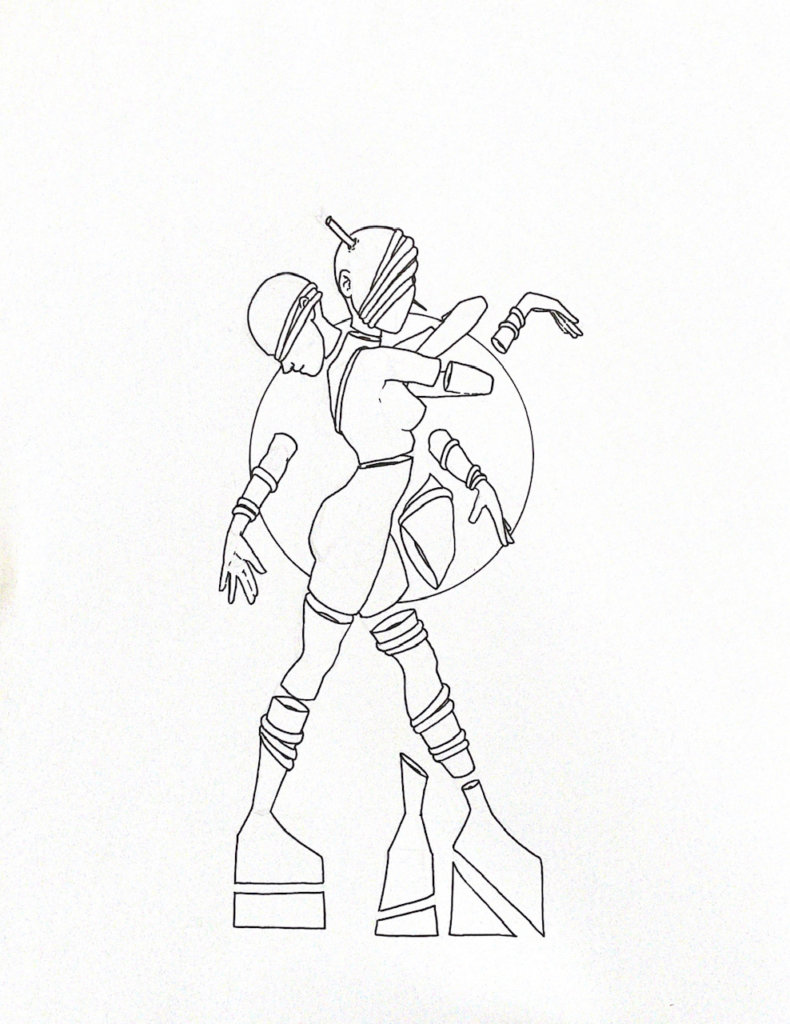 WIP illustration of a person with two heads and multiple limbs, rope around their body