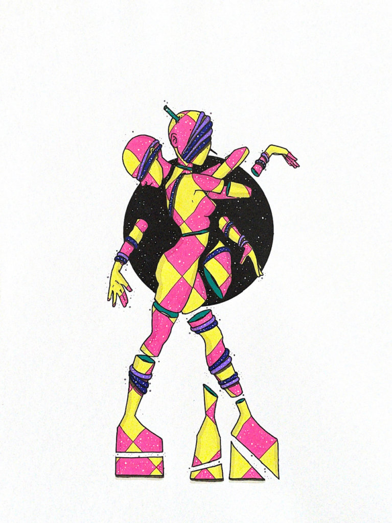 color illustration of a person with two heads and multiple limbs, rope around their body