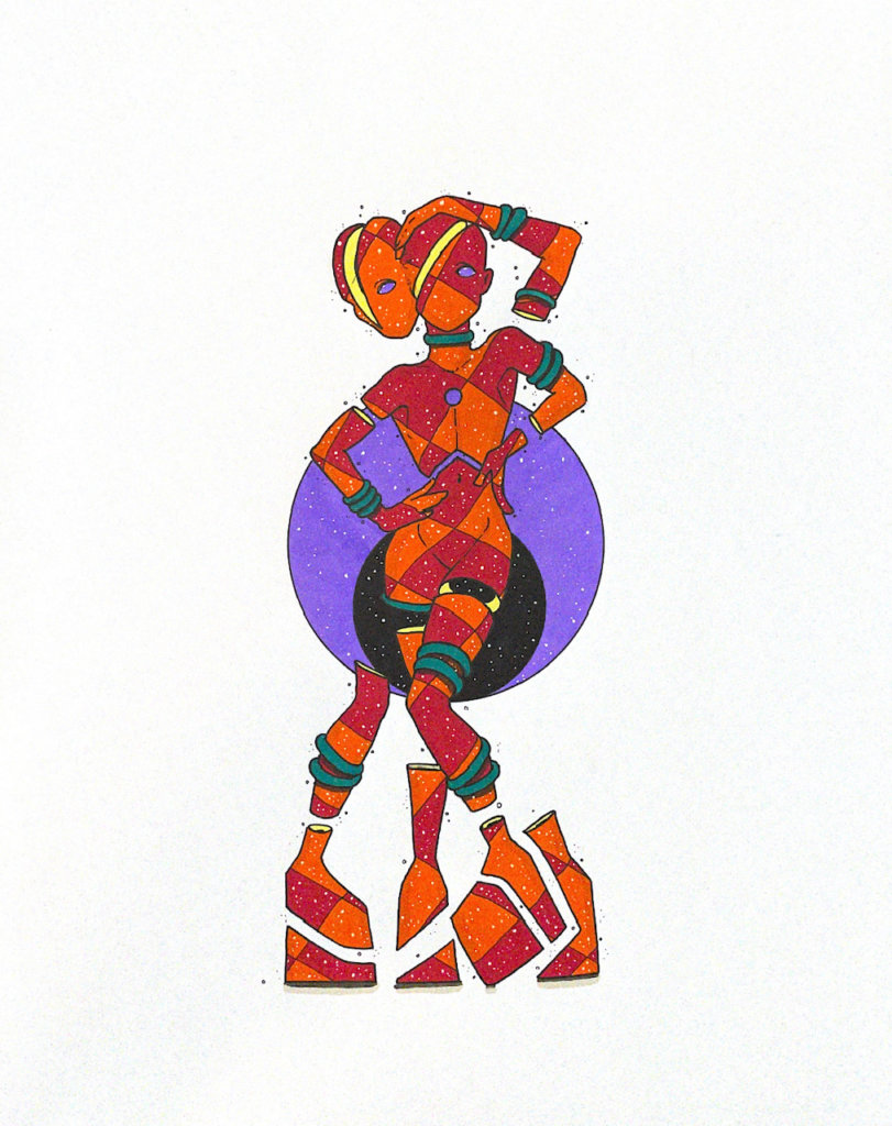color illustration of a person posing sexily with multiple limbs and. two heads